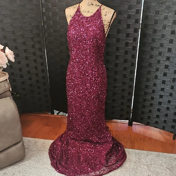 blue dress for baby girl Burgundy Sparkly Halter Neck Sequin Mermaid Long Prom Dress with Slit